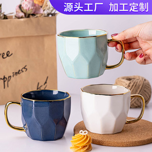 Tasse créative en céramique en forme de losange avec bord doré, couleur unie, pour café, thé, cadeau - Product Image 5