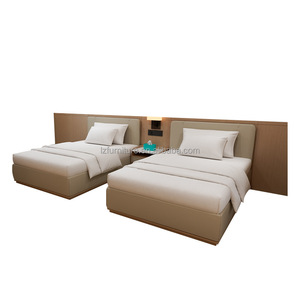 Modern 3 Star Hotel Twin Room Set Wooden MDF Plywood <b>Panel</b> Bed Frame with Upholstered <b>Headboard</b> & Floating Shelf Nightstand - Product Image 2