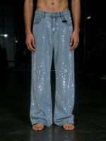 Pantalon large en jean bleu clair déchiré avec strass brillants style Y2K, mode urbaine, pour hommes, vente en gros, logo personnalisé