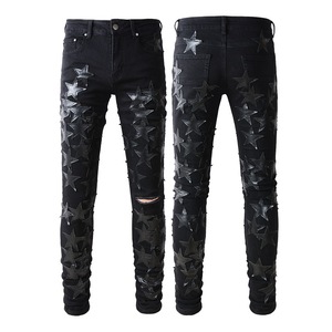 Pantalones vaqueros ajustados de piel con parche de estrella y cremallera en la entrepierna para hombre, ropa de calle Y2K, diseño Stack Ripped Stretch, estilo Hip Hop, Invierno - Product Image 3