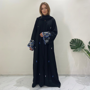 Vestido Abaya Morado de Poliéster de Lujo de Alta Calidad para Mujer, Hecho a Mano, con Teñido Anudado, Largo hasta el Suelo, Manga Larga, Ribete Negro, para Oración y Eid - Product Image 1