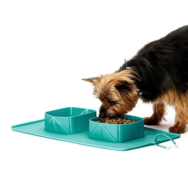 Silicone Pet Food Mat Folding Pet Silicone Double Bowl Collapsible Cat and Dog Portable Feeding Bowl Mat Outdoor