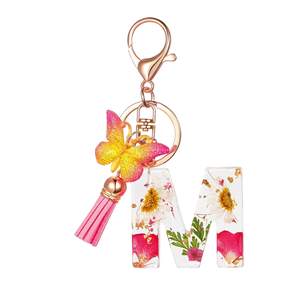 JS010 Wholesale Boho Metal Keychains | Floral Butterfly Resin <strong>Charm</strong> with <strong>Tassel</strong> | A-Z Custom Alphabet Bulk Orders - Product Image 1