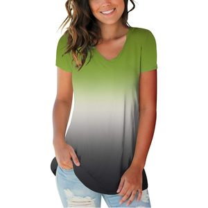 T-shirt à manches courtes col en V pour femme, vert dégradé ombré, haut d'été en tissu jersey respirant - Product Image 1