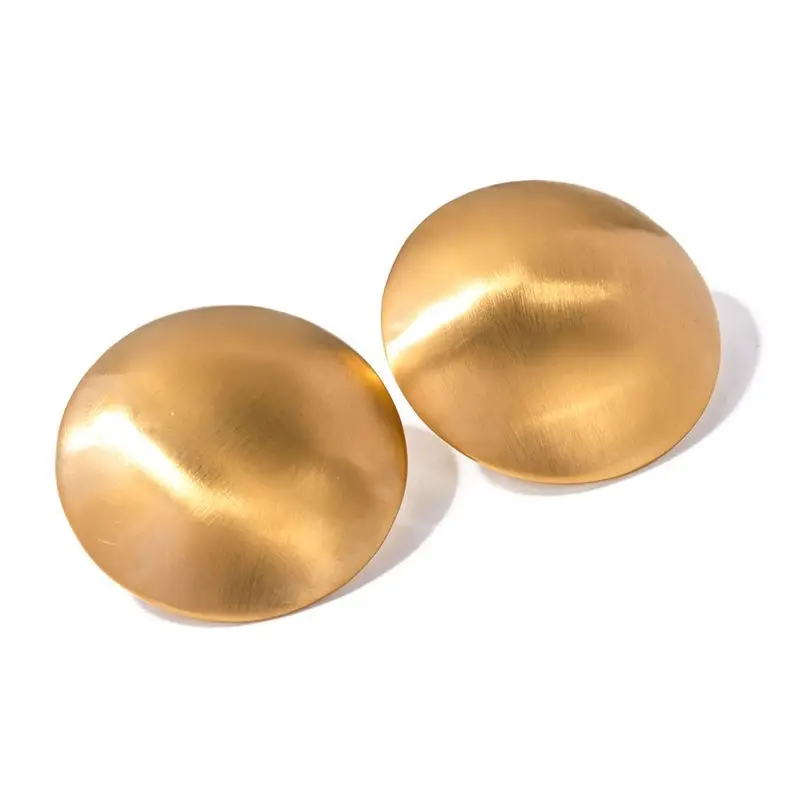 Tarnish Free Chunky Hemispherical Brushed Stud Earrings Vintage Round Gold Plated Clip On Earrings