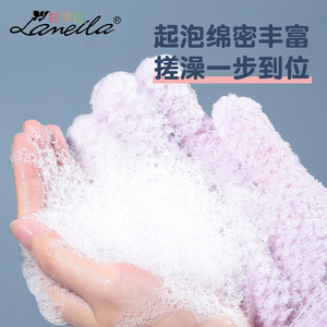 Guantes de baño Lanella SY804 morados, guantes exfoliantes de doble cara para limpieza corporal - Product Image 4