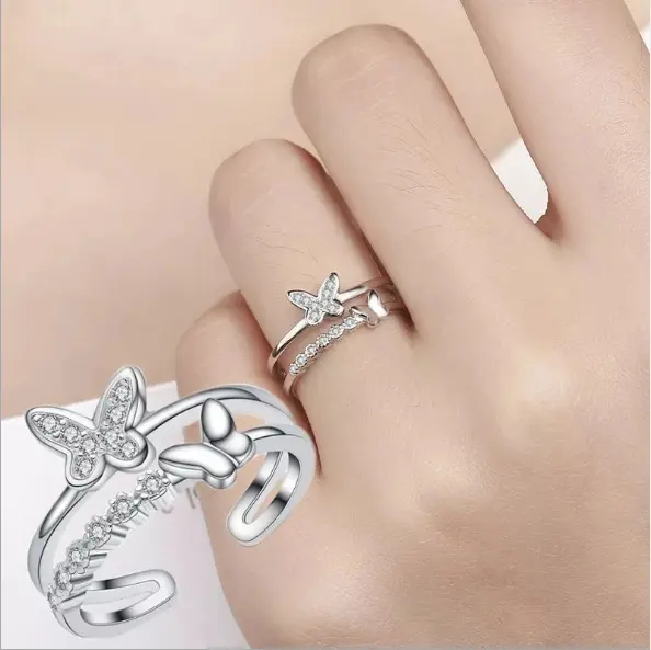 20254-10 European and American two butterflies fashion temperament double row diamond opening ring female