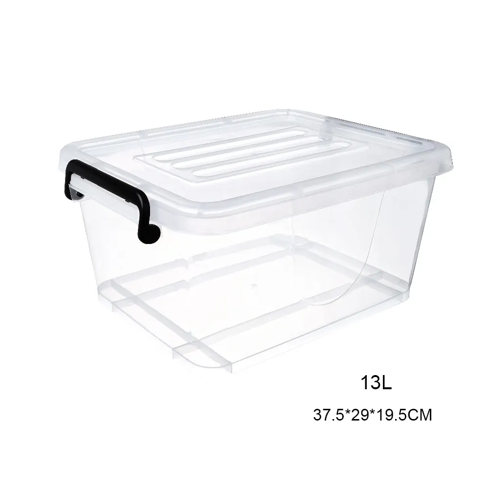 13L Multi Purpose Toy Tool Clothes Clear com uma tampa branca e fechos pretos empilhável plástico caixa de armazenamento