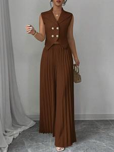 Fábrica de estilo personalizado o logotipo ODM verano traje de mujer moda elegante Oficina cuello en V Color sólido chaleco + Pantalones largos plisados - Product Image 3