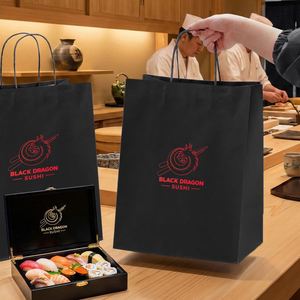 Sac en papier kraft japonais personnalisé, jetable, écologique, biodégradable, recyclable, avec poignées torsadées pour la vente à emporter en restaurant - Product Image 1