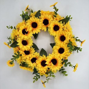 Couronne de tournesols artificielle pour décoration murale, <span class=keywords><strong>porte</strong></span> et fenêtre, avec nœud décoratif - Product Image 3