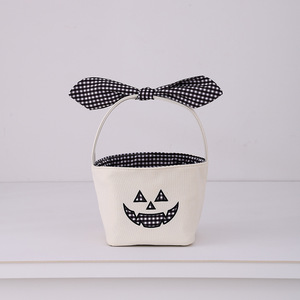 Bolsa de lona con forma de calabaza de Halloween disponible en 5 colores, con lazo y forro a cuadros, reutilizable, para niños. - Product Image 3