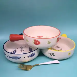 cartoon ceramic instant noodle bowl Handle Fruit salad Personality dish Cold baked rice single-handle bo