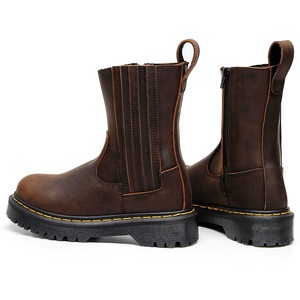 Bottes en cuir véritable noir, bout rond, talon plat, fermeture élastique, semelle extérieure en caoutchouc antidérapante, toutes saisons, vente en gros - Product Image 1