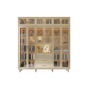 Solid Wood Glass Door Bookcase Wooden Wine Cabinet Light Luxury Storage Bookshelf Living Room Storage Cabinet
