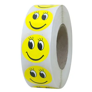 Hybsk 1 "Bulat Wajah Smiley Kuning dengan Bulu Mata Bahagia Stiker Lingkaran Guru Label 1,000 Total Per Roll