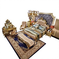 Ensemble de lit de luxe haut de gamme européen, cadre doré champagne avec cuir, double lit en bois massif, style français pour chambre principale et villa