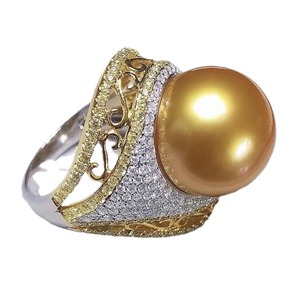 Anillo de Perla Natural con Incrustaciones de Oro de Precisión 925, Moderno, 13-14 mm, Redondo Completo, Diseño de Solapa con Luz Intensa, Chapado en Oro - Product Image 5