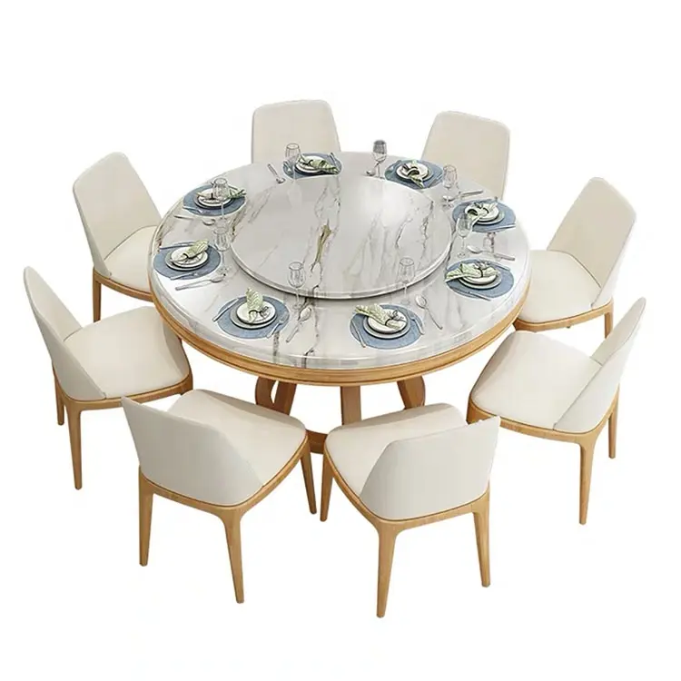 Mesa de comedor de mármol nórdico para 8 personas, tocadiscos redondos, mesa de comedor de madera con borde vivo de roble ceniza sólido blanco