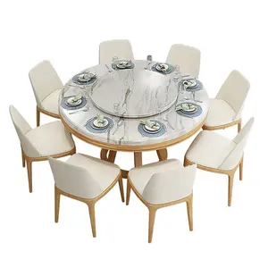 Nordic marble dining table 8 people round turntable white solid Ash oak live edge wood dining table