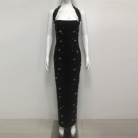Robe Longue Fourreau Luxe Noire à Col Américain pour Femme, Ornée de Perles, Strass et Diamants pour Soirée et Cérémonie
