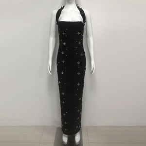 Abito Lungo <span class=keywords><strong>da</strong></span> <span class=keywords><strong>Sera</strong></span> <span class=keywords><strong>da</strong></span> <span class=keywords><strong>Donna</strong></span> di Lusso Nero Aderente con Allacciatura al Collo e Perline di Diamanti e Strass - Product Image 6