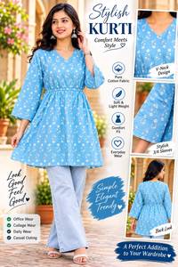 เสื้อคุर्ติทรงเอไลน์พิมพ์ลายดอกไม้สีฟ้าสำหรับผู้หญิง คอวี แขน 3/4 เอวเข้ารูป สไตล์ลำลอง ชุดพื้นเมือง - Product Image 4