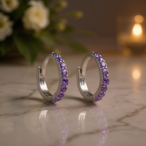 Orecchini a Cerchio Classici con Diamanti Viola per Donne, Argento con Diamanti Naturali Rotondi, Stile per Uso Quotidiano, Modello E1824 - Product Image 2