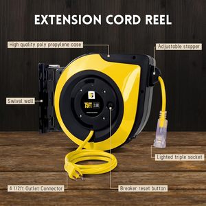 Enrouleur de câble <span class=keywords><strong>mural</strong></span> 16A <span class=keywords><strong>10m</strong></span>, prise EU, rotation à 180°, détection TUV, construction en PP et cuivre, jaune, kit d'installation inclus - Product Image 6