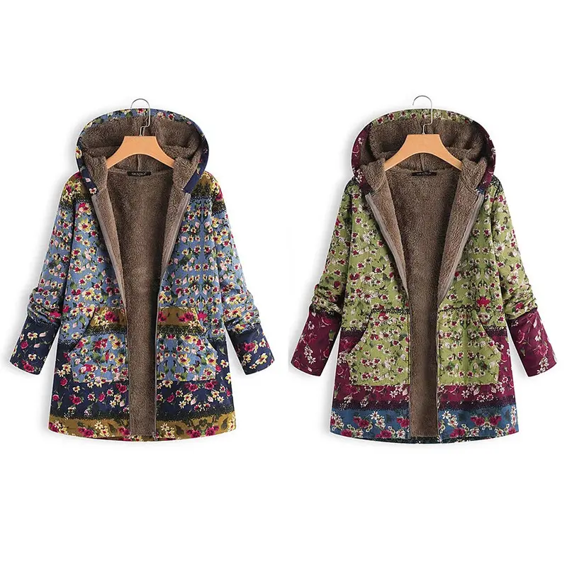 European and American printed hooded and velvet sweater warm long women's coat