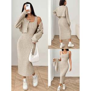Ribbed <b>Knit</b> Dress <b>Set</b> With Cropped Cardigan Khaki Asian S(44) Women's Sweater Outfit - Product Image 1