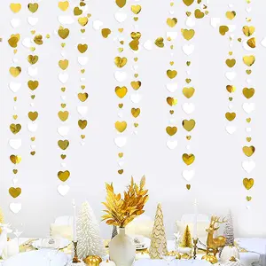 زينة معلقة على شكل قلب من الورق الذهبي الأبيض بطول 4 أمتار لحفلات الزفاف وأعياد الميلاد وحفلات الأطفال