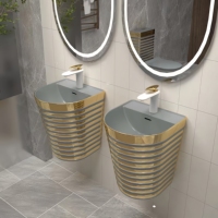 Raya dorada, negro y gris, una pieza, p-trap/s-trap, tornado sifónico/sin montura, juego de inodoro para colgar en la pared, lavabo colgado en la pared