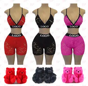 Lingerie de renda feminina personalizada, conjunto de lingerie para dia dos namorados vermelho, sensual, 2 peças