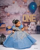 Robe de luxe bleue pour filles, personnalisée avec perles et nœuds, robes de demoiselle d'honneur, robes de bal pour mariage et fête
