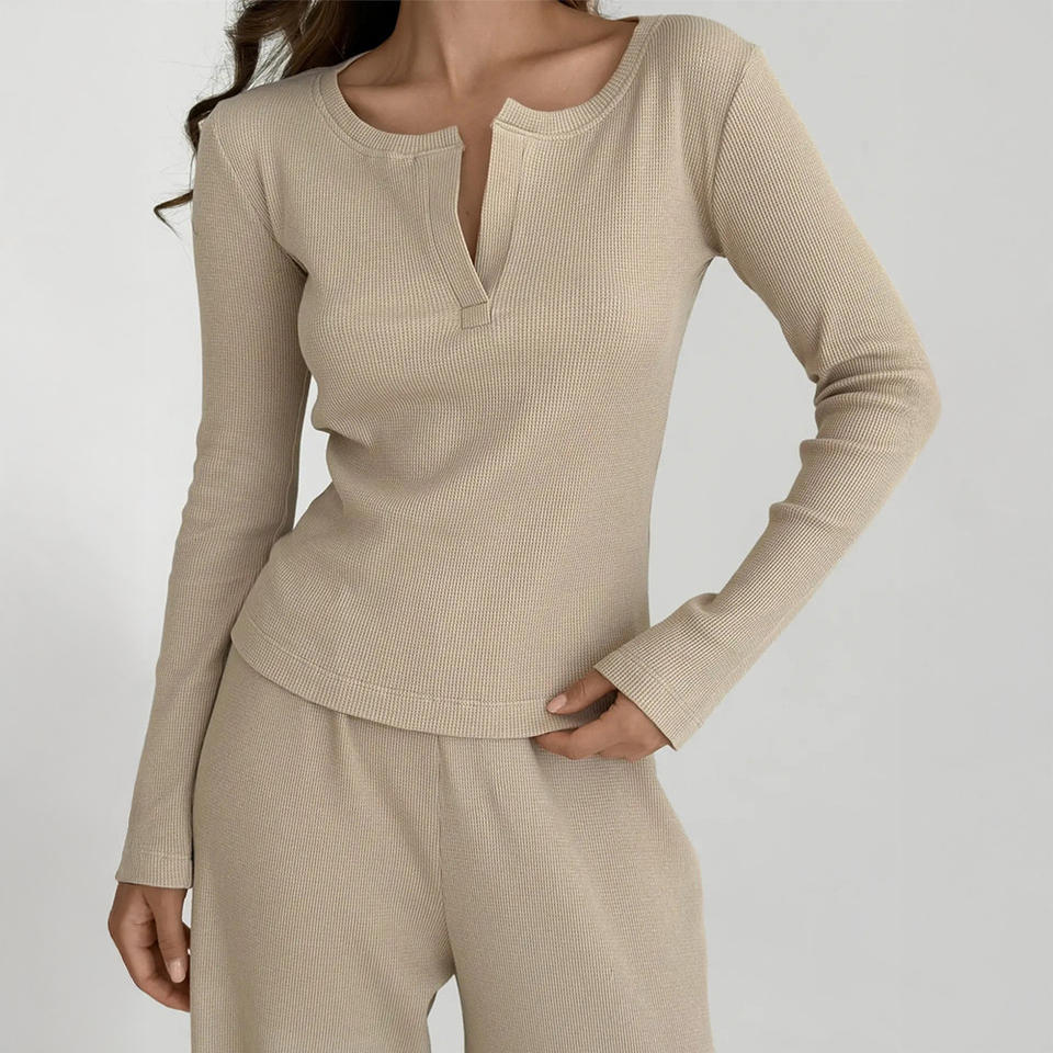 V-Neck Solid Color Long Sleeve&Pants Pajamas Sets