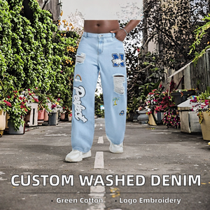 Jeans de Mezclilla Casuales de Corte Recto para Hombre, 100% Algodón, Lavado Medio, con Diseño Gráfico y Rasgado, Personalizables con Logotipo OEM - Product Image 2