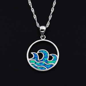 Joyería de Verano Hawaiana, Ópalo Azul, Collar con Colgante Redondo de la Gran <span class=keywords><strong>Ola</strong></span> de Kanagawa, Joyería de Playa - Product Image 5