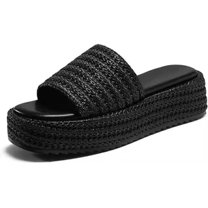 Verano moda lindo lujo punta redonda <span class=keywords><strong>suela</strong></span> gruesa playa negro rafia mujeres zapatillas <span class=keywords><strong>Sandalias</strong></span> planas - Product Image 5