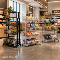 Étagère de présentation à 3 niveaux en fil métallique avec porte-panneau, support métallique pour supermarché, magasin de détail, présentoir de snacks mobile avec roulettes