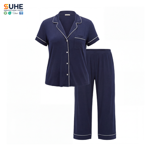 SUHE Conjunto de Pijama Capri de Manga Corta para Mujer, de Modal, con Botones, Cuello Solapa, Top y Pantalones, Dos Piezas, Ropa de Dormir y Descanso - Product Image 1