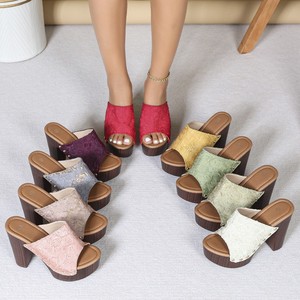 Sandales à talons pour femmes, talon ultra haut, talon épais, bout ouvert, plateforme, bride arrière, chaussures confortables avec décoration en pierres - Product Image 1