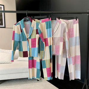 Women's 2 Piece Pleated Cardigan and Wide Leg Pants <b>Set</b> Color Block Casual Streetwear Outfit 100% Polyester Wholesale Clothing - Product Image 4