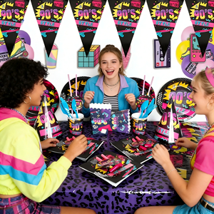 Vente en gros de décorations pour fête d'anniversaire des années 90, vaisselle jetable, bannières, chapeaux, cadeaux, sacs, assiettes en papier, gobelets, ensembles - Product Image 4