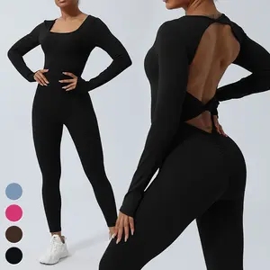 Hızlı kuru popo kaldırma Bodysuit seksi Backless egzersiz tulum uzun kollu spor Fitness tulumlar kadınlar tek parça Yoga tulum