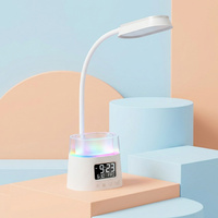 Lampu Meja Dengan Jam Digital Multifungsi Lampu Belajar Putih Dengan Organizer Pena Jam Digital Port USB dan Lampu Malam RGB