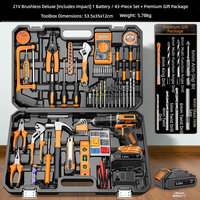 Perceuse à percussion sans fil 21V sans balais, kit d'outils de luxe 43 pièces, multimètre, embouts de perçage premium, coffret cadeau, boîte à outils en plastique rigide, lithium