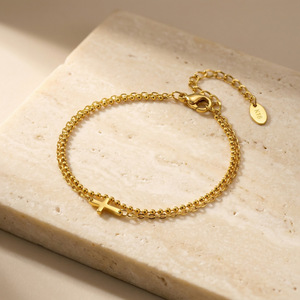 Pulsera de Cruz de Doble Capa de Acero Inoxidable 316L y Oro de 18K para Mujer, <span class=keywords><strong>Cadena</strong></span> con Cuentas y Cruz Lateral, Joyería Impermeable, Regalo - Product Image 3