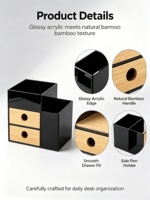 Boîte de rangement de bureau en acrylique noir avec tiroirs en bambou, porte-stylos latéral, organisateur multi-compartiments pour le bureau, le maquillage et la salle de bain