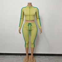 Ensemble de survêtement 2 pièces Y2K pour femme, haut court à manches longues et pantalon capri à rayures latérales en coton et élasthanne, tenue décontractée d'automne, logo personnalisé